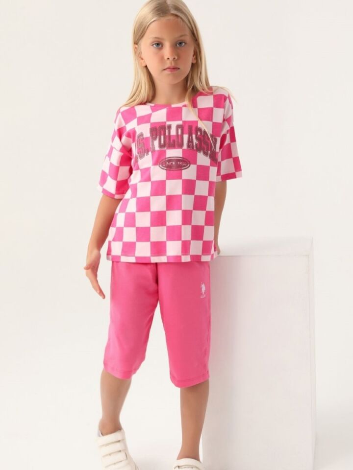 U.S. Polo Assn Lisanslı Plaid Toz Pembe Kız Çocuk Kapri Takım