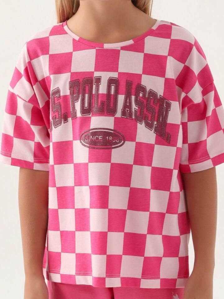 U.S. Polo Assn Lisanslı Plaid Toz Pembe Kız Çocuk Kapri Takım